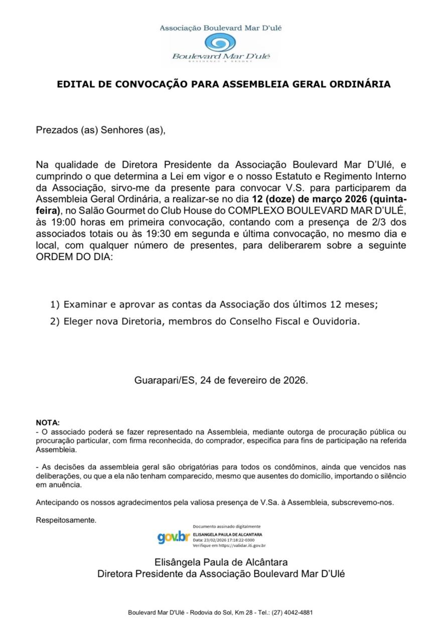 EDITAL DE CONVOCAÇÃO PARA ASSEMBLEIA GERAL ORDINÁRIA – Boulevard Mar D’Ulé