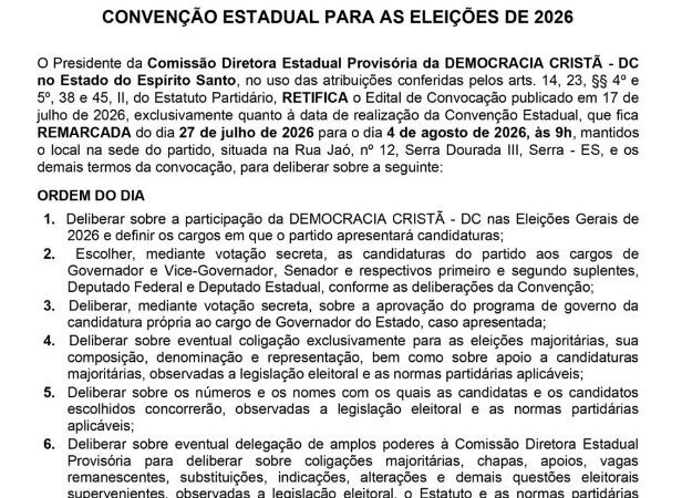 EDITAL: DC – Democracia Cristã convoca filiados para Convenção Partidária Municipal em Cachoeiro de Itapemirim