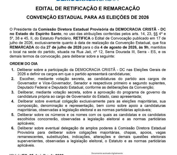 EDITAL: DC – Democracia Cristã convoca filiados para Convenção Partidária Municipal em Cachoeiro de Itapemirim