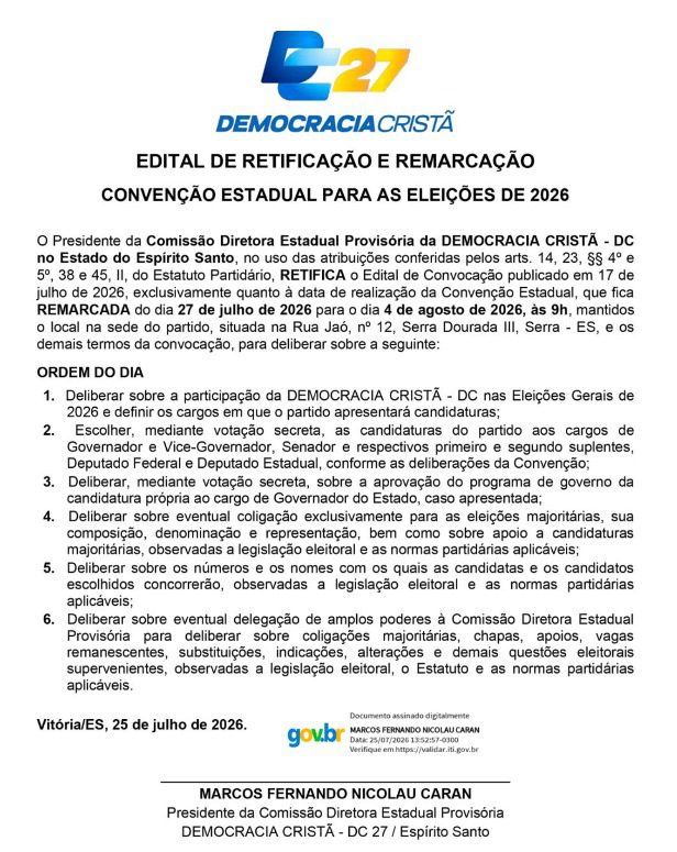 EDITAL: DC – Democracia Cristã convoca filiados para Convenção Partidária Municipal em Cachoeiro de Itapemirim