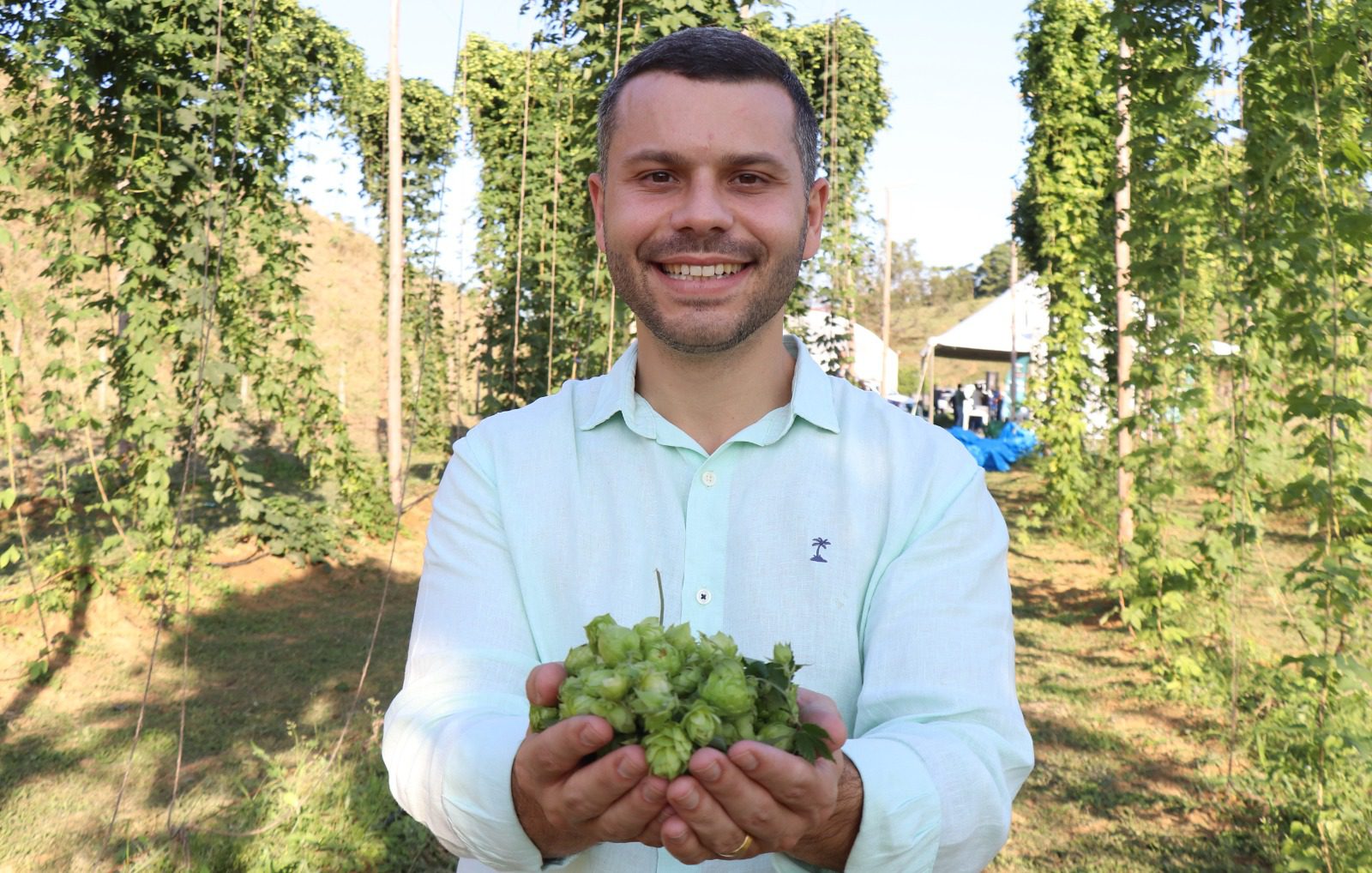 Viana comemora a primeira colheita de lúpulo em seu campo privado após cinco meses de cultivo